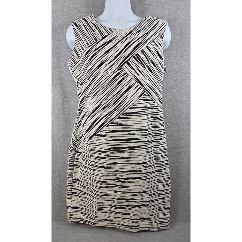 Calvin Klein Dress 14 Brush Stripe Black Cream Sleeveless Career Cocktail NEW